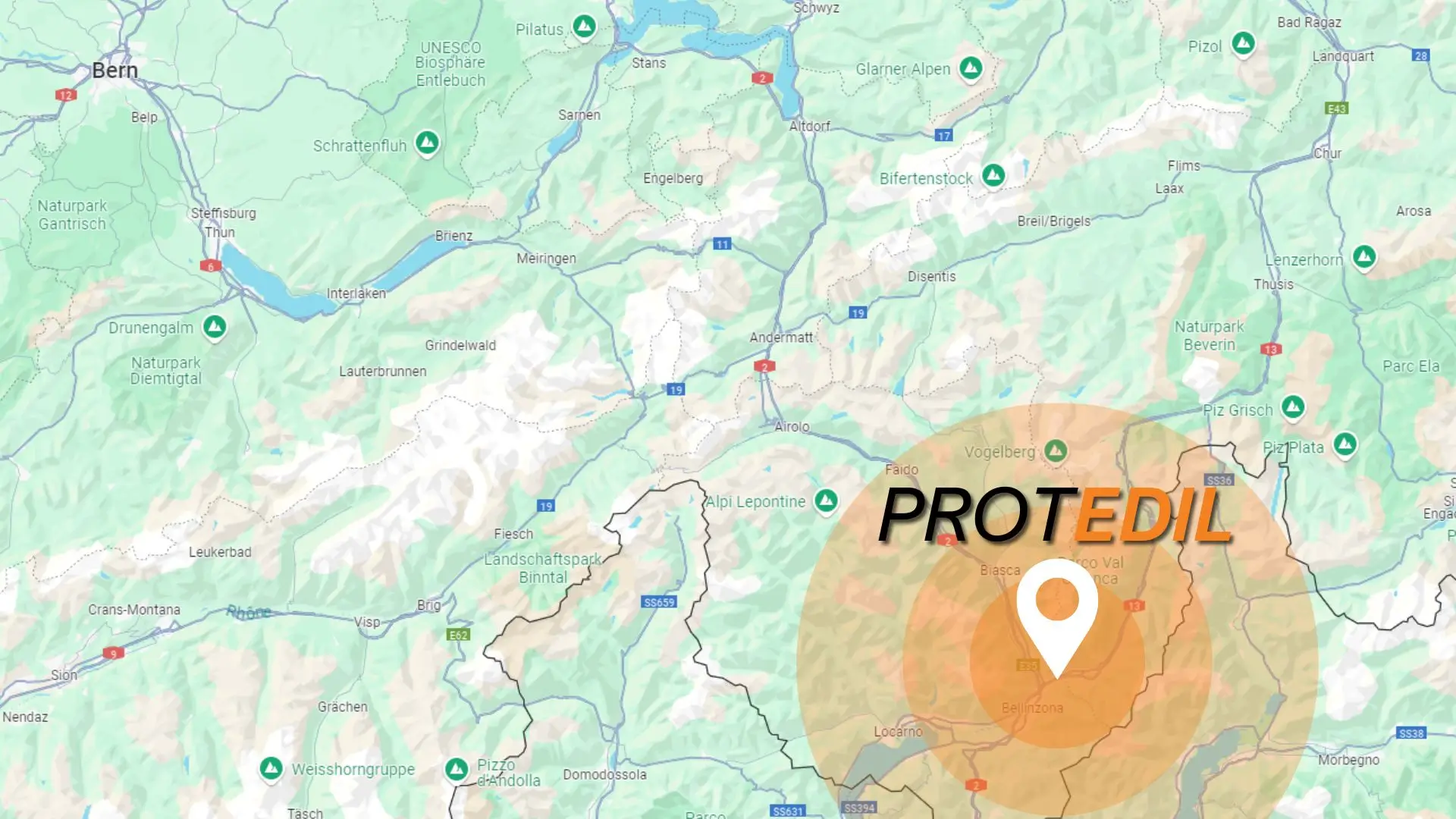 Cartina della zona di intervento Protedil — Ticino, Mesolcina, Calanca, Nord Italia